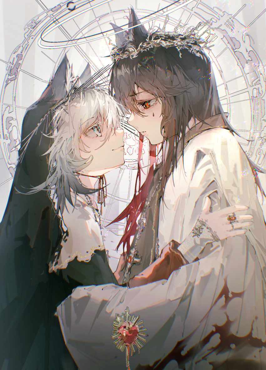 2girls abulb animal_ears arknights black_dress black_hair blood blood_on_clothes blush closed_mouth dress eye_contact facial_mark from_side grey_eyes grey_hair highres lappland_(arknights) long_hair long_sleeves looking_at_another multicolored_hair multiple_girls procreate_(medium) profile red_eyes redhead smile texas_(arknights) two-tone_hair veil wide_sleeves