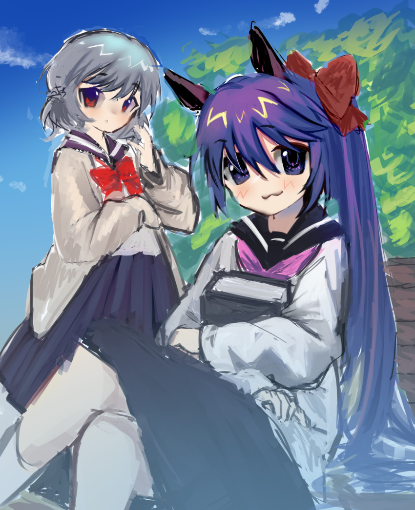 2girls :3 alternate_costume animal_ears bench black_skirt book bow braid cardigan commeowdore crossed_arms doremy_sweet french_braid hair_bow hand_on_own_face highres holding holding_book kishin_sagume medium_hair medium_skirt multiple_girls outdoors pink_bow ponytail purple_hair red_bow red_eyes sailor_collar school_uniform shirt side_ponytail sitting skirt sky sleeves_past_fingers sleeves_past_wrists standing tapir_ears touhou tree violet_eyes white_hair white_shirt