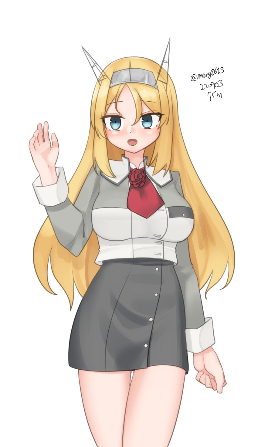 1girl absurdres ascot blonde_hair blue_eyes breasts cowboy_shot dated flower grey_skirt hairband headgear highres kantai_collection large_breasts long_sleeves maru_(marg0613) military military_uniform neck_flower nelson_(kancolle) one-hour_drawing_challenge pencil_skirt red_ascot red_flower red_rose rose skirt solo twitter_username uniform