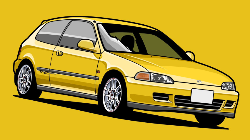 car commentary_request ground_vehicle highres honda honda_civic license_plate motor_vehicle no_humans original shadow simple_background vehicle_focus yellow_background yellow_theme yuh_7929