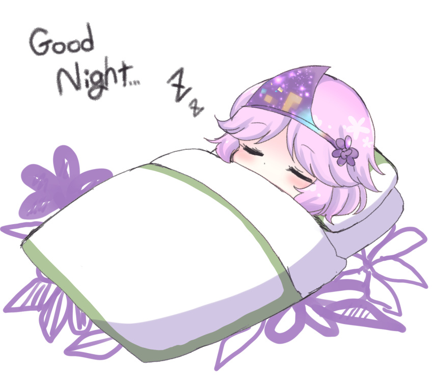 1other androgynous closed_eyes commentary_request english_text flower futon hair_flower hair_ornament highres len'en ougi_hina pink_hair purple_flower shion_(len'en) short_hair simple_background sleeping solo triangular_headpiece white_background zzz