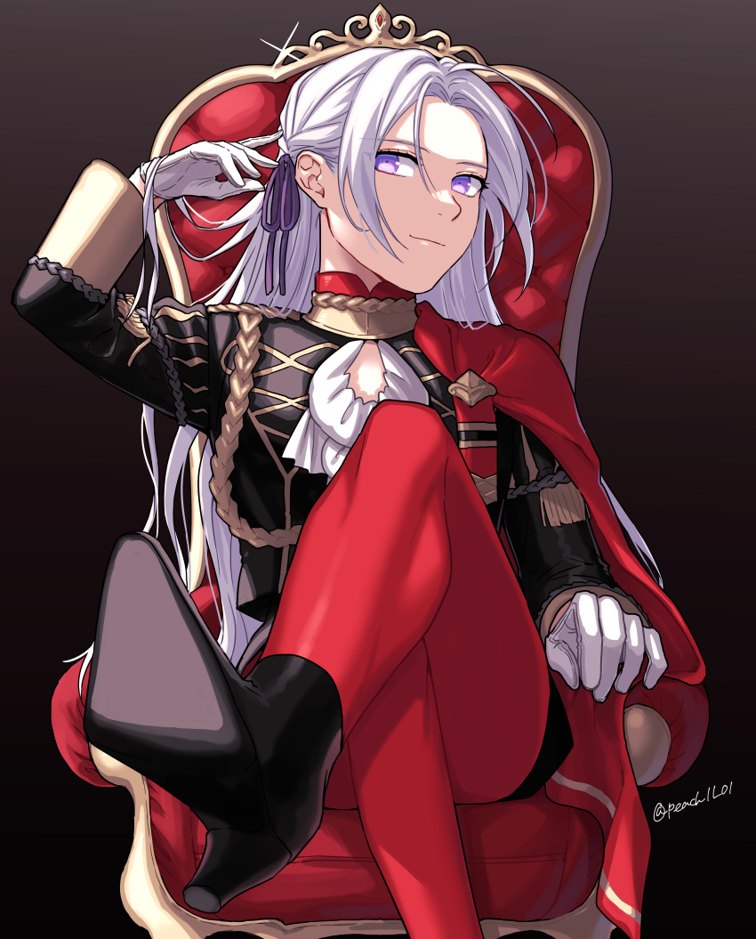 1girl absurdres aiguillette bangs black_background black_footwear black_shirt breasts capelet chair closed_mouth commentary crossed_legs edelgard_von_hresvelg fire_emblem fire_emblem:_three_houses foot_out_of_frame garreg_mach_monastery_uniform gloves hair_ribbon hands_in_hair high_heels highres long_hair long_sleeves looking_at_viewer pantyhose parted_bangs peach11_01 purple_ribbon red_capelet red_pantyhose ribbon shirt simple_background sitting small_breasts smile solo straight_hair throne twitter_username violet_eyes white_gloves white_hair