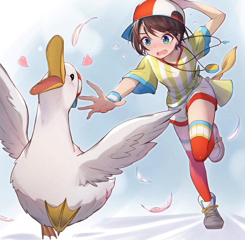1girl absurdres animal aqua_eyes backwards_hat bangs baseball_cap bird brown_hair chasing duck hat heart highres holding holding_clothes holding_hat hololive looking_at_another loose_clothes loose_shirt megaphone oozora_subaru oversized_clothes oversized_shirt reaching_out red_headwear running shirt shoes short_hair short_shorts short_sleeves shorts sneakers stopwatch stopwatch_around_neck striped striped_shirt subaru_duck sweatband swept_bangs t-shirt thigh-highs tied_shirt tokisaka_makoto two-tone_headwear v-neck vertical-striped_shirt vertical_stripes virtual_youtuber whistle whistle_around_neck white_footwear white_headwear white_shirt white_shorts wristband yellow_shirt