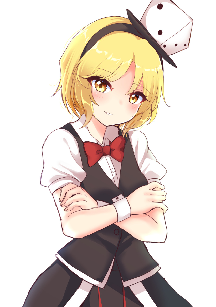 1girl bangs black_hairband black_vest blonde_hair bow bowtie breasts collared_shirt cowboy_shot crossed_arms dice dice_hair_ornament eyes_visible_through_hair genderswap genderswap_(otf) hair_ornament hairband highres len'en ougi_hina parted_bangs parted_lips puffy_short_sleeves puffy_sleeves red_bow red_bowtie shirt short_hair short_sleeves simple_background small_breasts smile solo vest white_background white_shirt xeno_a yellow_eyes