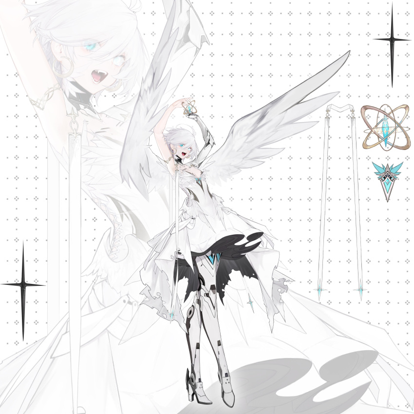 1girl absurdres ahoge angel_wings arms_up blue_eyes breasts chaomian_buyao_mian crystal dress eyes_visible_through_hair fangs feathered_wings full_body heterochromia high_heels highres looking_at_viewer mechanical_arms mechanical_legs open_mouth original prosthesis prosthetic_arm prosthetic_leg short_hair single_mechanical_arm small_breasts solo standing white_dress white_eyes white_hair wings zoom_layer