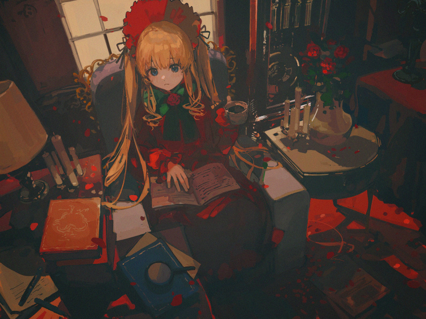 1girl absurdres bangs blonde_hair blue_eyes blush book_on_lap bow bowtie ciloranko closed_mouth dress flower flower_pot full_body green_bow green_bowtie hair_ribbon hairband highres indoors lolita_hairband long_dress long_hair long_sleeves red_dress red_flower ribbon rozen_maiden shinku shiny shiny_hair sitting solo twintails very_long_hair