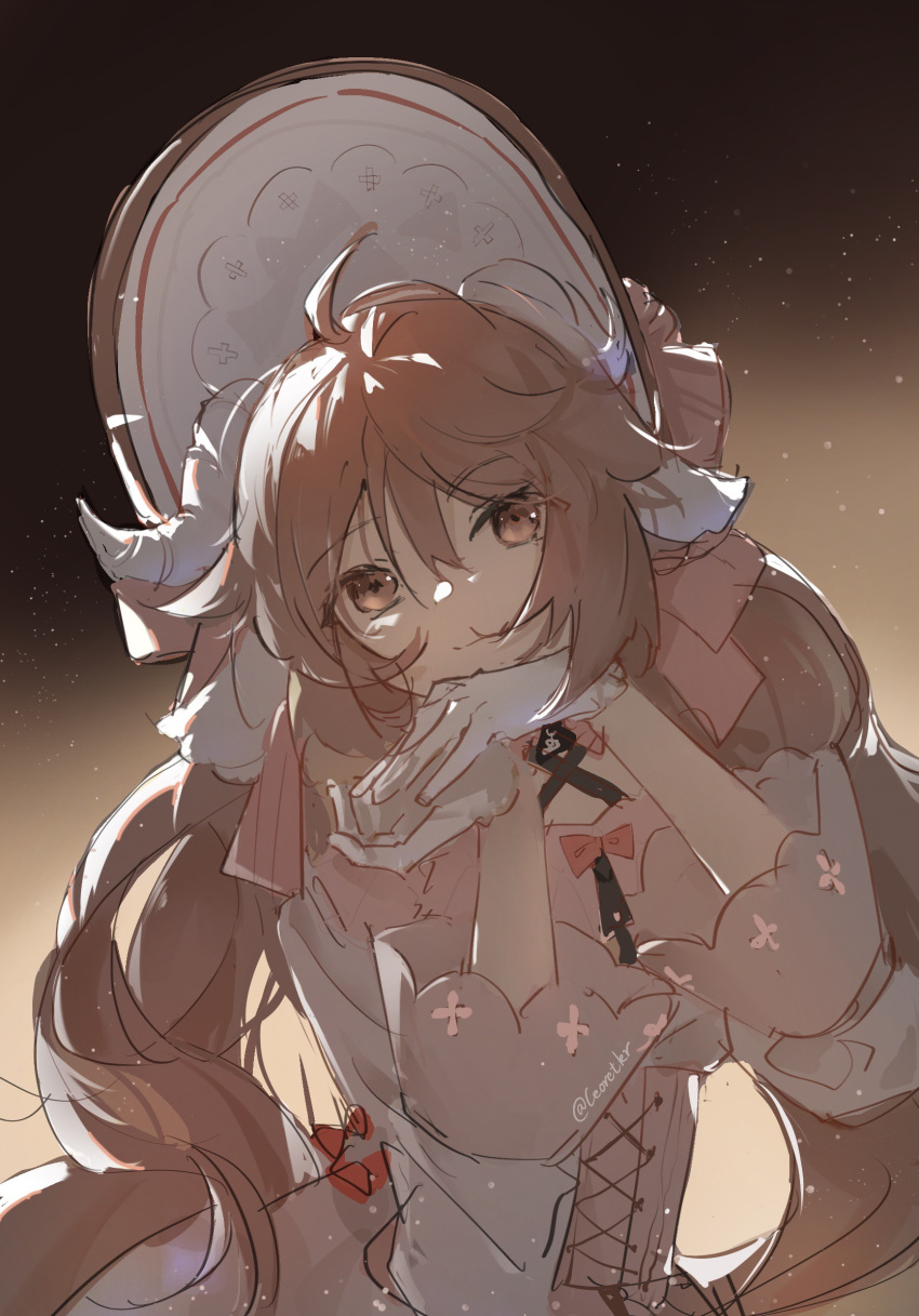 1girl ambience_synesthesia animal_ears arknights bangs bonnet bow brown_eyes brown_hair closed_mouth commentary dress eyjafjalla_(arknights) gloves hair_between_eyes hands_up head_tilt highres horns long_hair long_sleeves official_alternate_costume own_hands_together qin_yang red_bow sheep_ears sheep_girl sheep_horns smile solo symbol-only_commentary twintails twitter_username very_long_hair white_dress white_gloves white_headwear