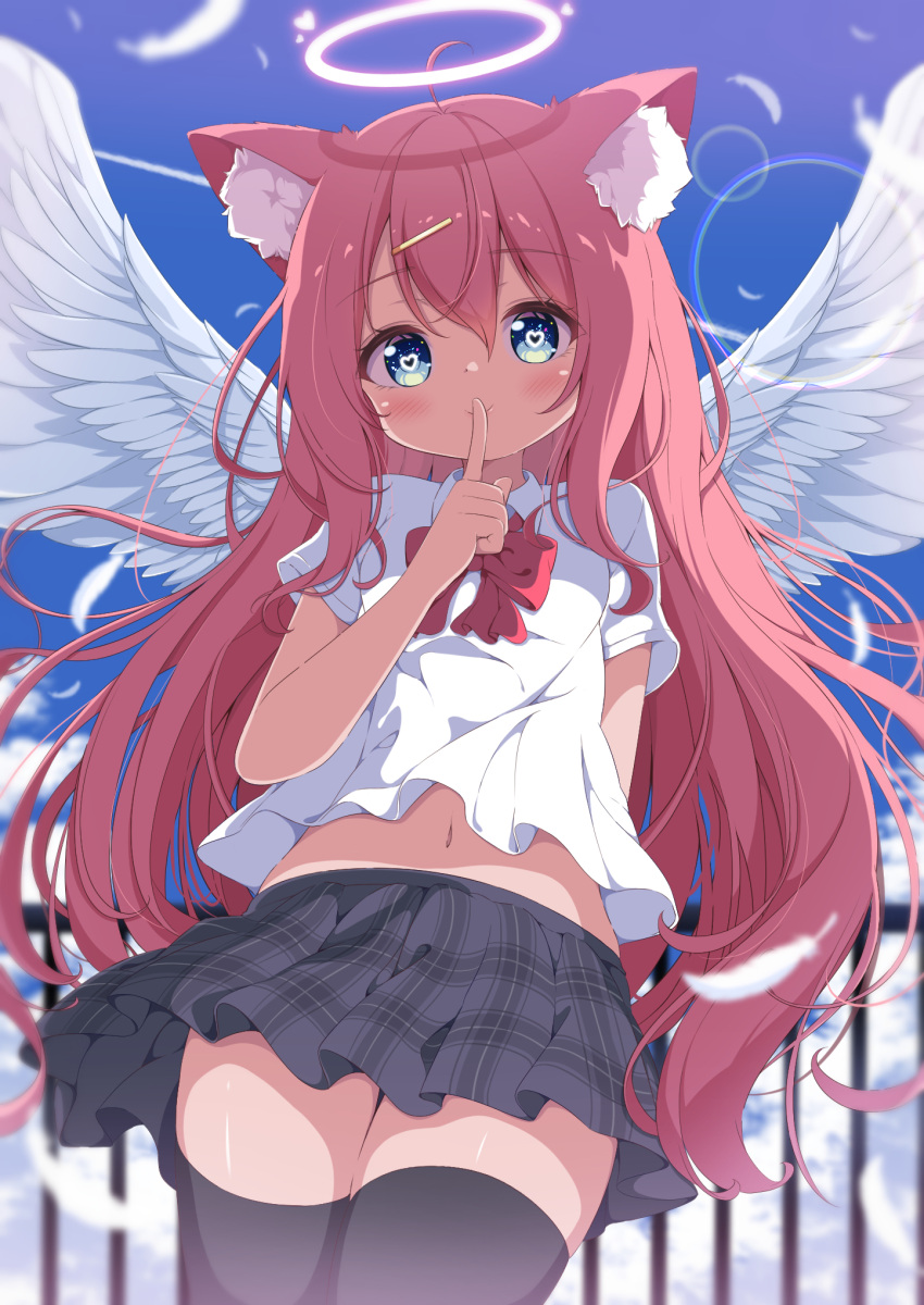 1girl ahoge angel angel_wings animal_ear_fluff animal_ears arm_behind_back black_thighhighs blue_eyes blush cat_ears clouds feathered_wings finger_to_mouth g4ku grey_skirt hair_ornament hairclip halo heart heart-shaped_pupils highres long_hair miniskirt navel original outdoors pink_hair plaid plaid_skirt school_uniform shirt short_sleeves skirt sky smile solo symbol-shaped_pupils thigh-highs thighs very_long_hair white_shirt wings zettai_ryouiki