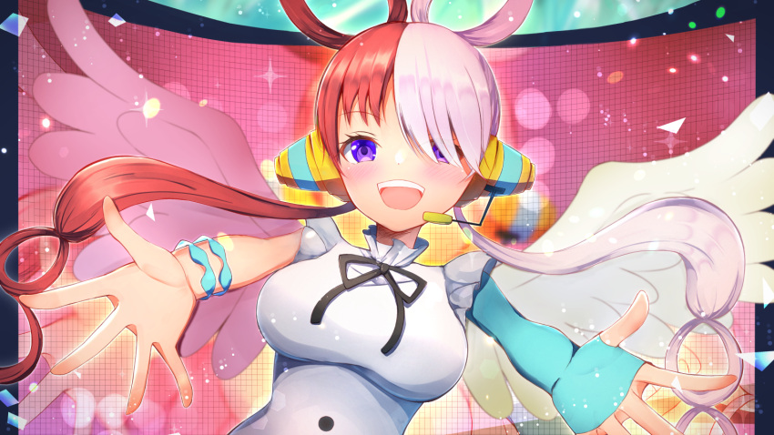 1girl :d black_ribbon blush breasts commentary_request dress feathered_wings hair_rings headphones headset highres long_hair low_twintails medium_breasts multicolored_hair neck_ribbon one_piece:_film_red outstretched_arms redhead ribbon smile solo teeth twintails two-tone_hair upper_body upper_teeth uta_(one_piece) very_long_hair white_dress white_hair white_wings wings ymd_(holudoun)