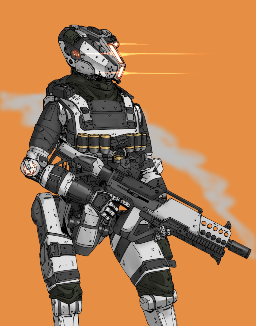 absurdres commentary glowing gun highres holding holding_gun holding_weapon humanoid_robot looking_ahead mymyc orange_background pilot_(titanfall_2) simulacrum_(titanfall) smoke smoking_gun symbol-only_commentary titanfall_(series) titanfall_2 trigger_discipline weapon