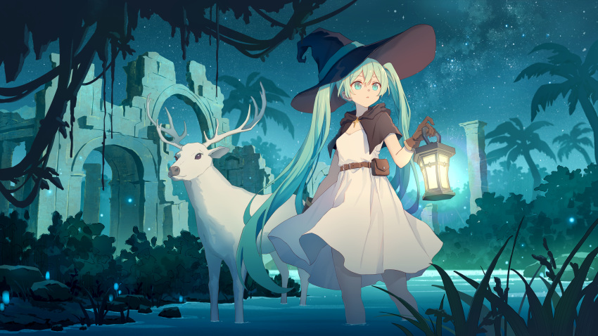 1girl animal aqua_hair belt black_capelet blue_eyes breasts brown_belt buckle capelet deer dress fanny_pack fireflies grass hatsune_miku highres holding holding_lantern jewelry lantern long_hair looking_ahead mimengfeixue night outdoors palm_tree parted_lips partially_submerged pendant pillar rock ruins sky small_breasts solo standing star_(sky) starry_sky tree twintails vocaloid water white_dress