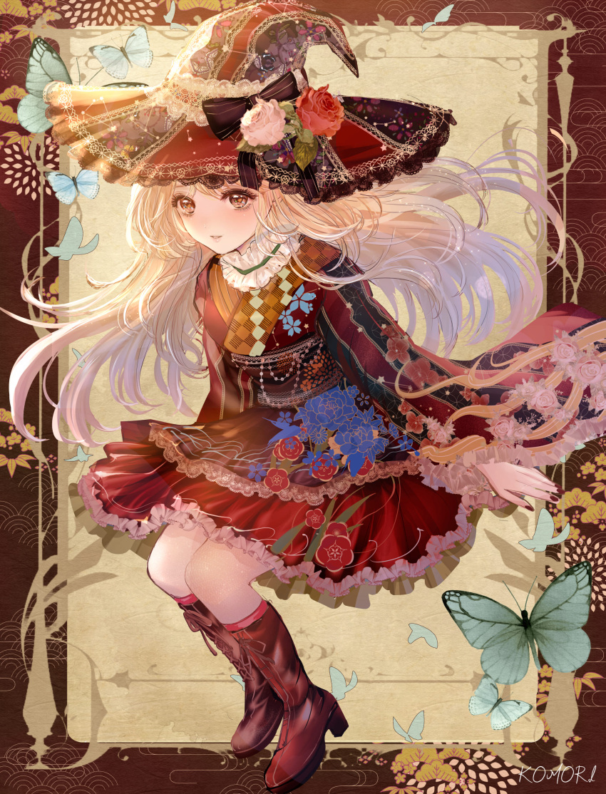 1girl absurdres artist_name bangs black_bow black_nails boots bow brown_eyes bug butterfly floating_hair flower framed frilled_skirt frills hat hat_bow hat_flower highres japanese_clothes kimono knee_boots komirihikku long_hair long_sleeves miniskirt nail_polish obi original parted_lips red_flower red_footwear red_skirt sash skirt smile solo striped striped_bow very_long_hair white_flower white_hair wide_sleeves witch witch_hat