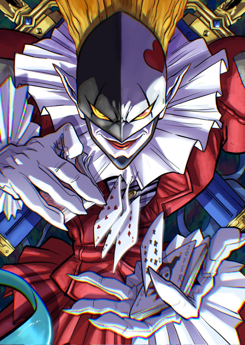 1boy card carloromeroart clothing_request clown colored_sclera digimon digimon_(creature) english_commentary gloves heart highres joker_(card) looking_at_viewer male_focus mask piemon playing_card pointy_ears red_eyes red_lips smile solo sword sword_on_back weapon weapon_on_back white_gloves yellow_sclera