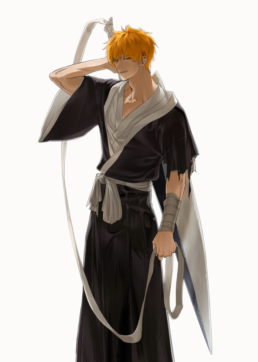 1boy absurdres arm_up bandaged_arm bandages bleach collarbone eyes_visible_through_hair grey_background hair_between_eyes highres holding holding_bandages holding_sword holding_weapon huge_weapon kurosaki_ichigo looking_at_viewer male_focus orange_hair parted_lips simple_background smile solo spicy_oneself sword sword_on_back teeth torn torn_clothes veins weapon weapon_on_back wide_sleeves