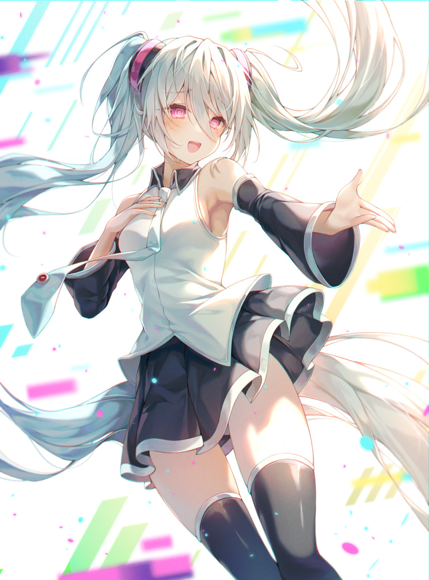 1girl :d @_@ absurdres aisarenakute_mo_kimi_ga_iru_(vocaloid) aqua_hair aqua_necktie aran_(aran0127) armpit_peek bangs bare_shoulders black_skirt black_sleeves black_thighhighs blurry blurry_background blush collared_shirt commentary_request crying crying_with_eyes_open detached_sleeves eyelashes feet_out_of_frame floating_hair glitch hair_between_eyes hair_ornament hand_on_own_chest hand_up hatsune_miku highres light long_hair long_sleeves miniskirt necktie open_mouth outstretched_hand pink_eyes pleated_skirt raised_eyebrows reaching shiny shiny_hair shirt sidelocks skirt sleeveless sleeveless_shirt smile solo standing tears thigh-highs very_long_hair vocaloid white_background white_shirt wing_collar zettai_ryouiki