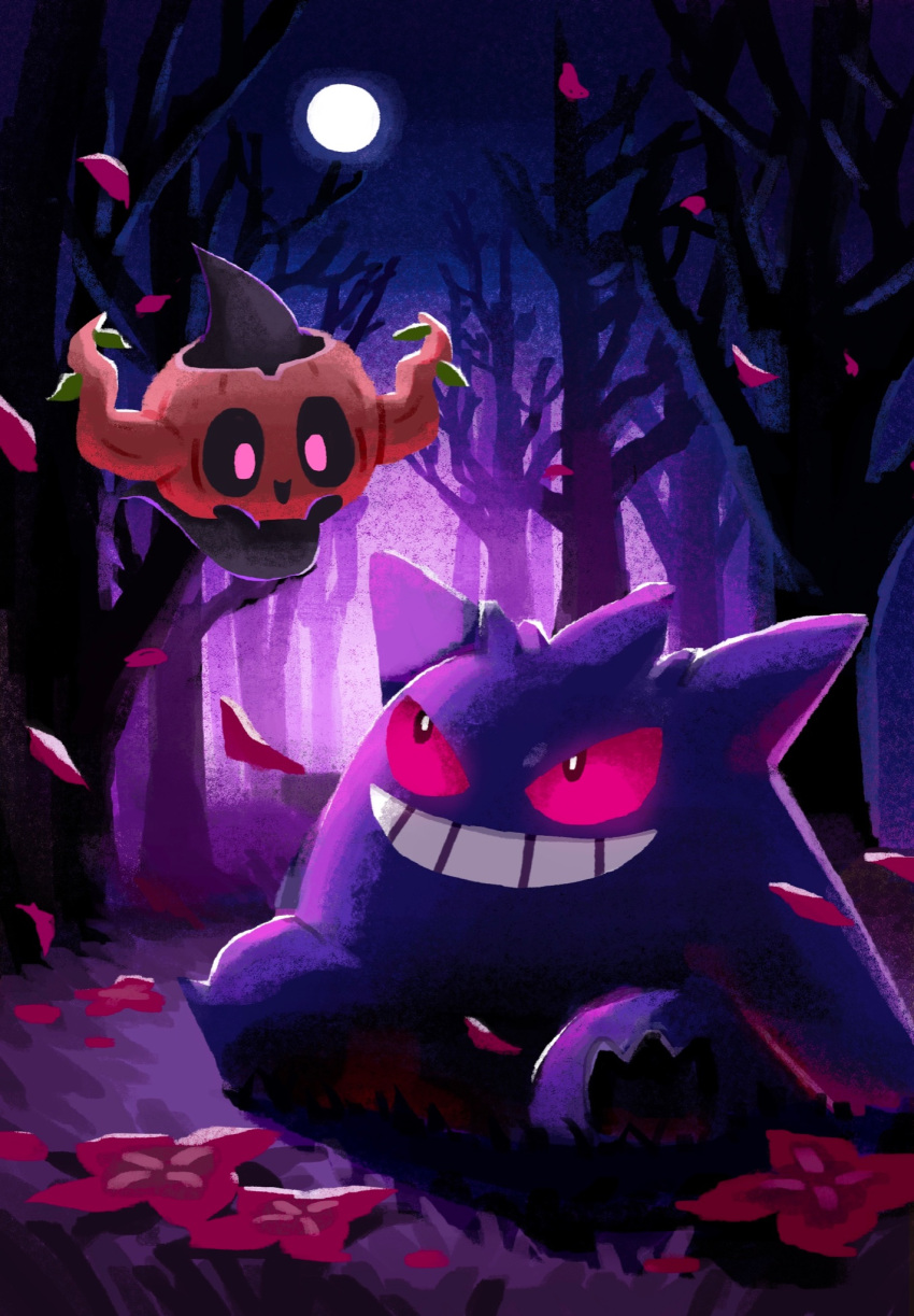 aruco_coo bare_tree black_eyes bright_pupils colored_sclera commentary_request falling_petals flower gengar grin highres looking_up moon night no_humans outdoors petals phantump pink_sclera pokemon pokemon_(creature) sitting sky smile teeth tree white_pupils