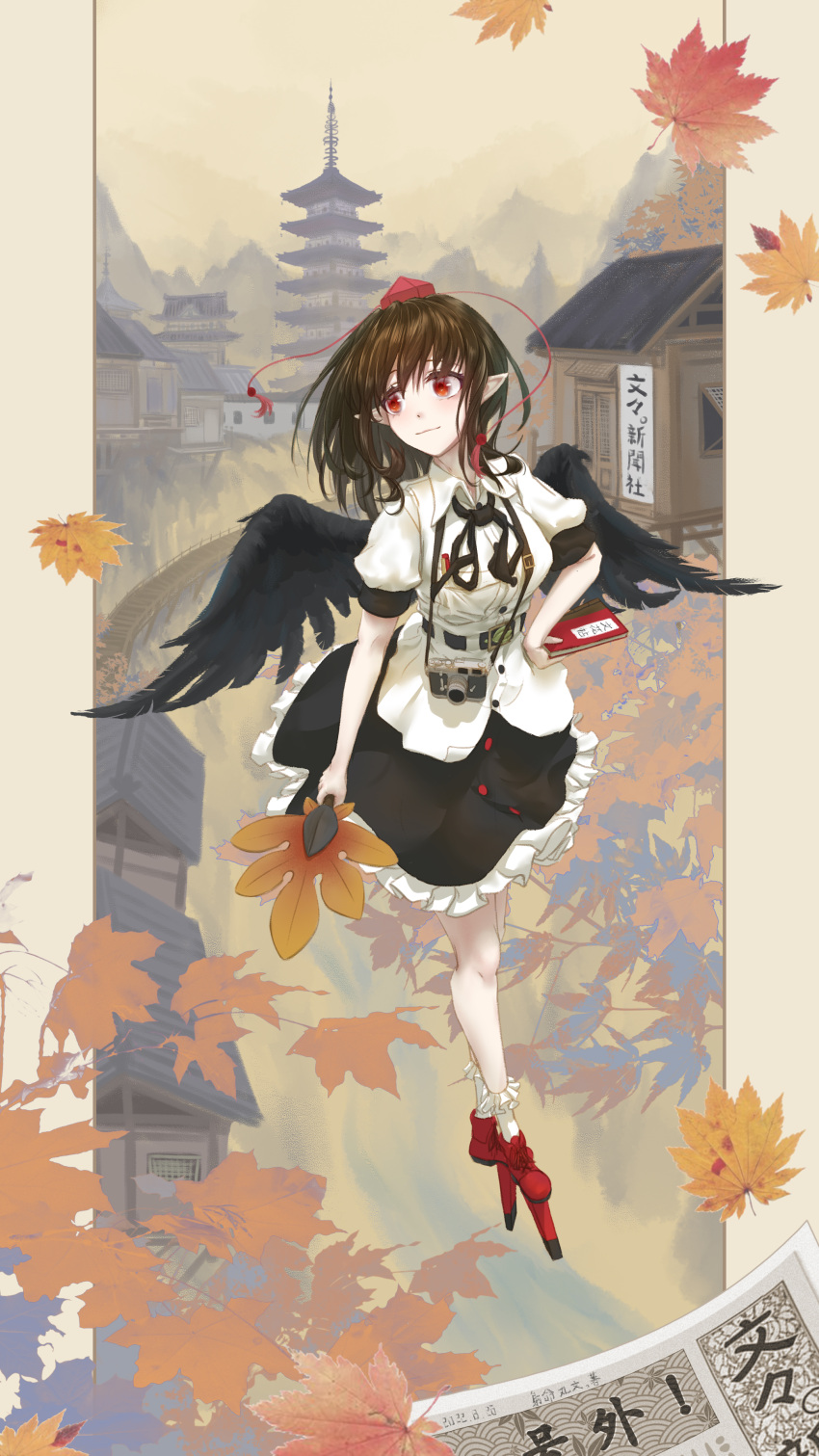 1girl absurdres autumn_leaves bangs bare_legs bird_wings black_hair black_ribbon black_skirt black_wings book bridge buttons camera closed_mouth collared_shirt fasnakegod feathered_wings fog frilled_skirt frilled_socks frills geta hair_between_eyes hat highres holding holding_book house leaf legs looking_to_the_side medium_hair newspaper pen pointy_ears puffy_sleeves red_button red_eyes red_footwear red_headwear ribbon scenery shameimaru_aya shirt short_sleeves skirt sky socks solo tengu tengu-geta tokin_hat touhou village white_shirt white_sleeves wings