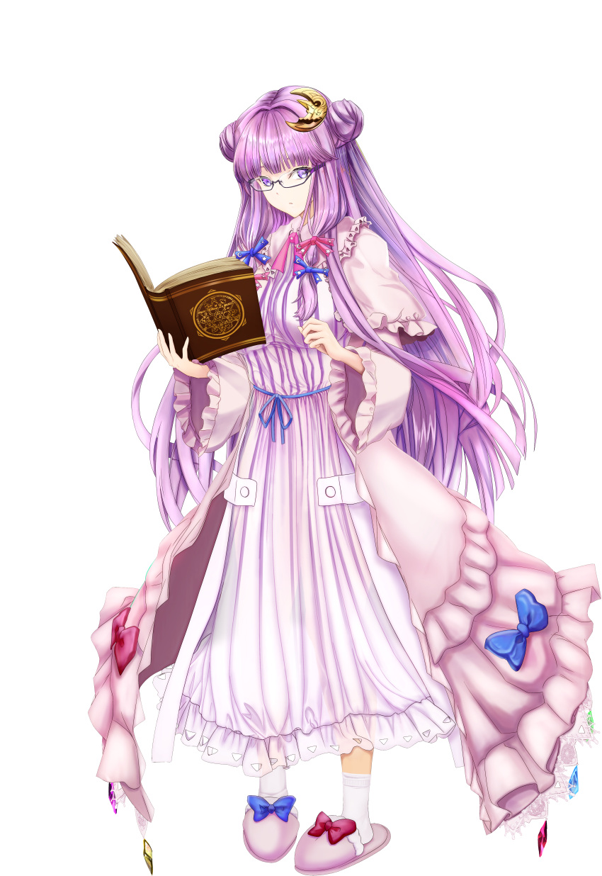 absurdres bangs blue_bow blunt_bangs book bow bowtie crescent crescent_hair_ornament double_bun dress glasses hair_bow hair_bun hair_ornament hat hat_bow hat_ornament highres holding holding_book long_hair long_sleeves looking_at_viewer no_headwear open_book patchouli_knowledge pink_bow pink_bowtie purple_dress purple_hair red_bow slippers socks standing striped striped_dress tachi-e tk31 touhou transparent_background vertical-striped_dress vertical_stripes very_long_hair violet_eyes white_socks wide_sleeves
