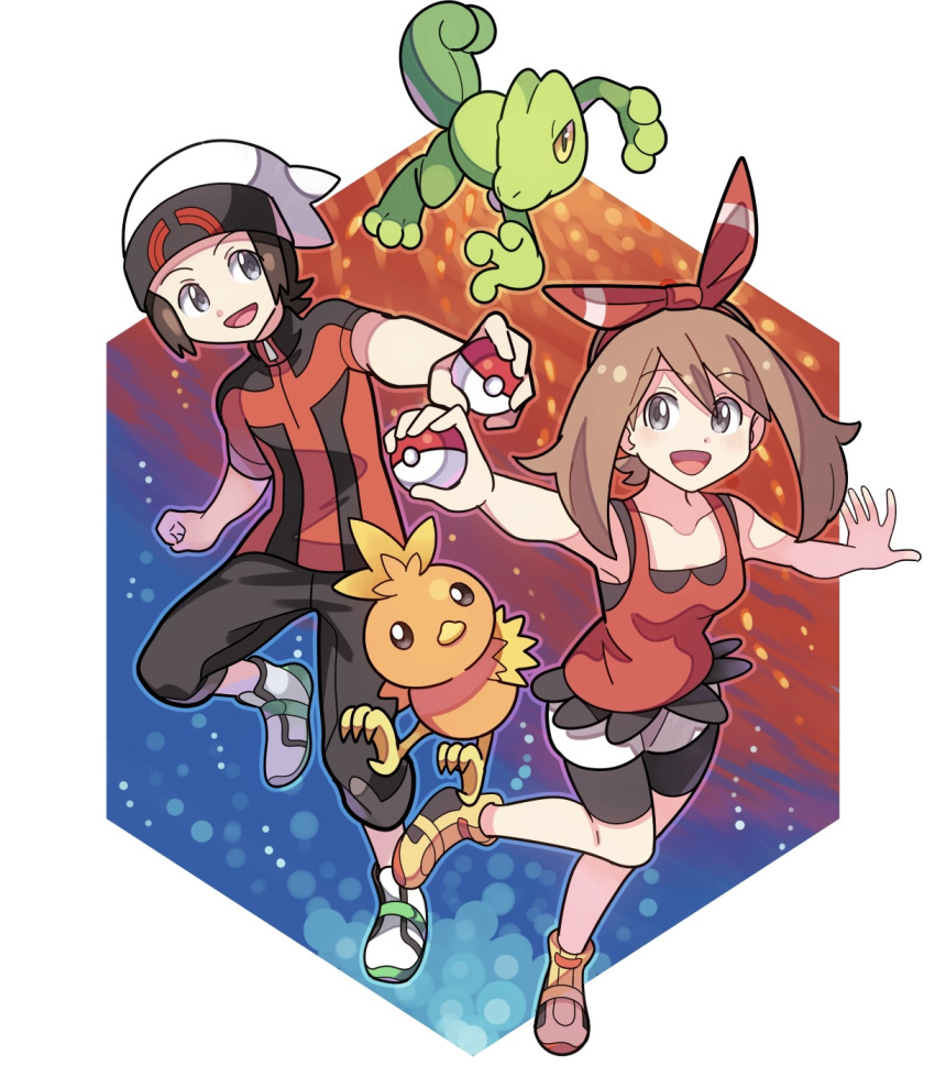 1boy 1girl :d bangs beanie bike_shorts bike_shorts_under_shorts black_pants bow_hairband brendan_(pokemon) brown_hair capri_pants commentary_request green_footwear grey_eyes hairband hat highres holding holding_poke_ball may_(pokemon) open_mouth pants poke_ball poke_ball_(basic) pokemon pokemon_(creature) pokemon_(game) pokemon_oras shirt shoes short_hair short_shorts short_sleeves shorts sleeveless sleeveless_shirt smile sneakers sutokame tight tight_shirt tongue torchic treecko turtleneck white_footwear white_headwear white_shorts yellow_footwear zipper_pull_tab