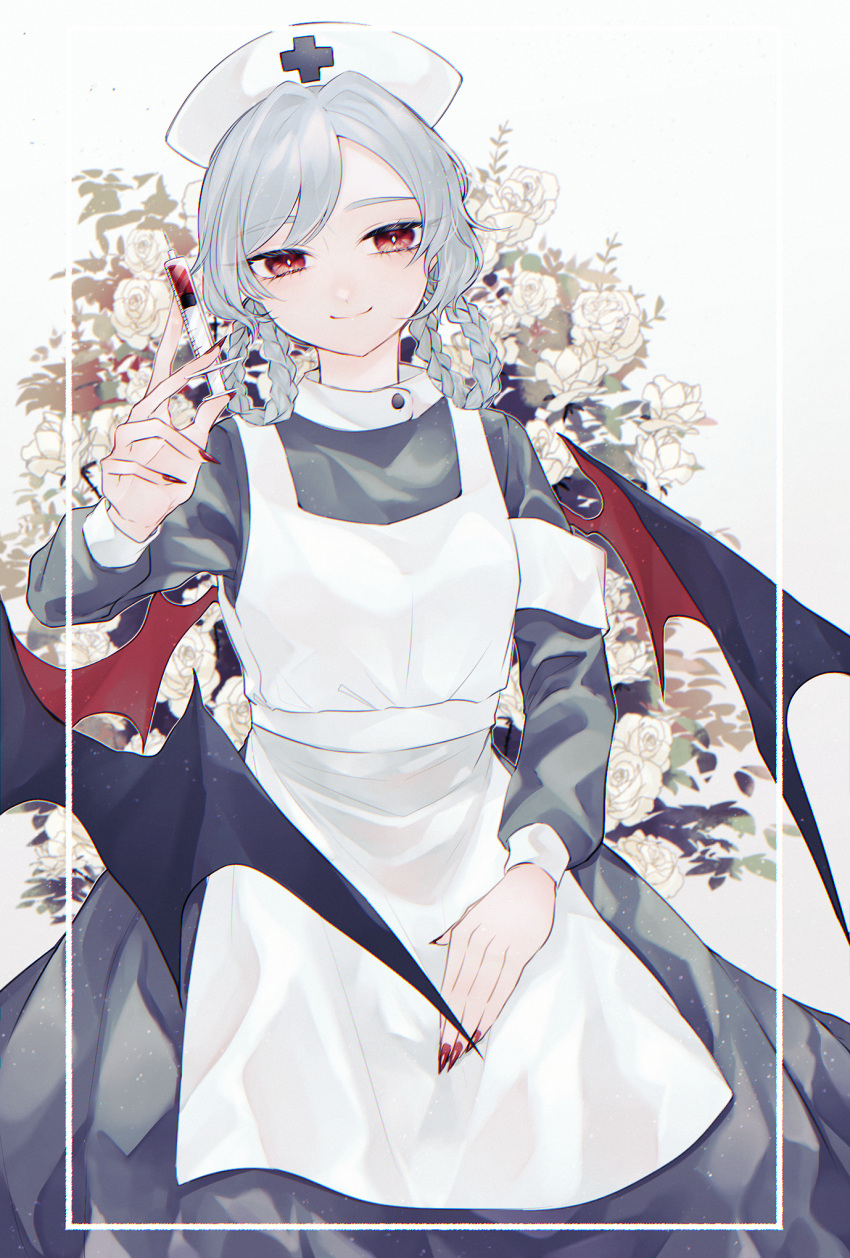 1girl alternate_hairstyle apron arm_up bangs bat_wings blood braid breasts closed_mouth cross dress eyes_visible_through_hair fingernails floral_background flower grey_background grey_dress hand_up hat highres katai_(nekoneko0720) leaf long_fingernails long_sleeves looking_to_the_side medium_breasts puffy_long_sleeves puffy_sleeves red_eyes red_nails remilia_scarlet rose short_hair smile solo touhou twin_braids white_apron white_flower white_headwear white_rose wings