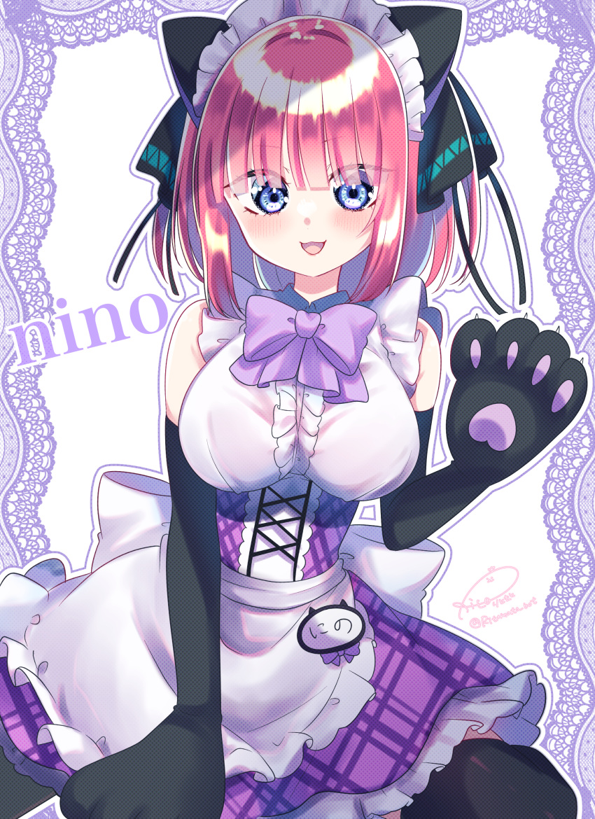 1girl :3 :d absurdres animal_ears animal_hands apron bangs black_gloves black_ribbon black_thighhighs blue_eyes blunt_bangs blush bow bowtie breasts butterfly_hair_ornament cat_ears cat_paws dress elbow_gloves frilled_apron frilled_dress frills gloves go-toubun_no_hanayome hair_ornament highres lace large_breasts looking_at_viewer maid_headdress nakano_nino pink_hair purple_bow purple_bowtie purple_dress ribbon rinne_(mizunosato) shirt simple_background sleeveless smile thigh-highs twintails white_shirt