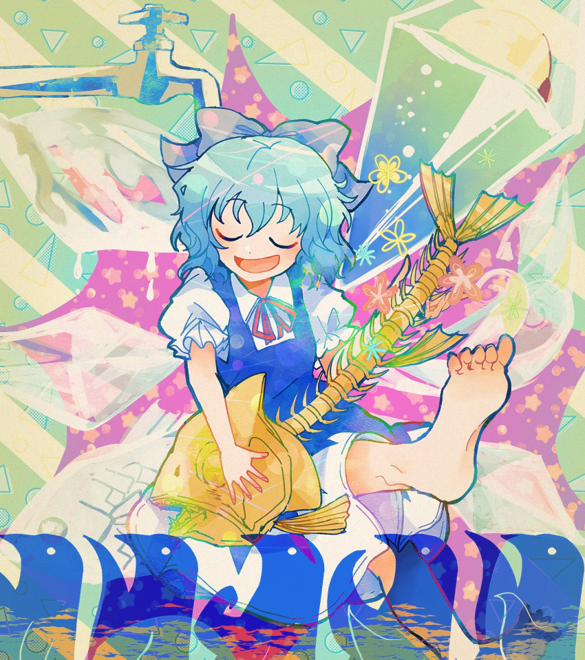 1girl bangs barefoot blue_bow blue_dress blue_hair blush bone bow bowtie cirno closed_eyes collared_shirt commentary_request dress fingernails fish green_background hair_between_eyes hand_up highres instrument itomugi-kun leg_up multicolored_background music open_mouth playing_instrument puffy_short_sleeves puffy_sleeves purple_background red_bow red_bowtie shirt short_hair short_sleeves sitting smile solo star_(symbol) starry_background tongue touhou triangle water white_shirt