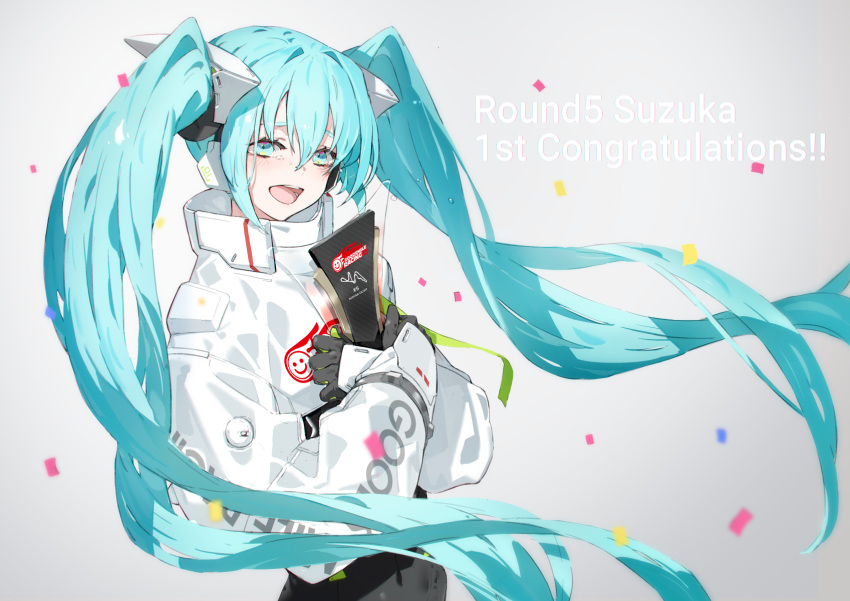 1girl aqua_eyes aqua_hair black_bodysuit black_gloves bodysuit commentary confetti copyright_name covered_navel cropped_jacket crying crying_with_eyes_open english_commentary english_text flame_print floating_hair gloves goodsmile_racing green_gloves green_ribbon grey_background hair_between_eyes happy_tears hatsune_miku high_collar highres holding_trophy jacket leaning_back long_hair long_sleeves looking_at_viewer neco open_mouth racing_miku racing_miku_(2022) ribbon simple_background smile smiley_face solo tears trophy twintails two-tone_gloves upper_body very_long_hair vocaloid white_jacket