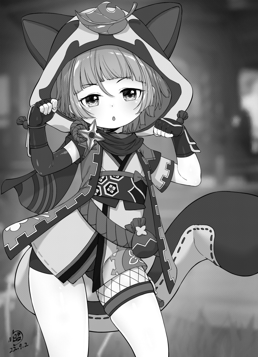 1girl absurdres animal_ears animal_hood arms_up bike_shorts clenched_hands elbow_gloves fake_animal_ears fake_tail fingerless_gloves genshin_impact gloves highres hood japanese_clothes kimono leaf leaf_on_head looking_at_viewer monochrome open_mouth paw_pose raccoon_ears raccoon_tail sayu_(genshin_impact) scarf short_hair short_kimono short_shorts shorts single_elbow_glove solo tail thigh_strap thighs zhainan_xiao_zhao