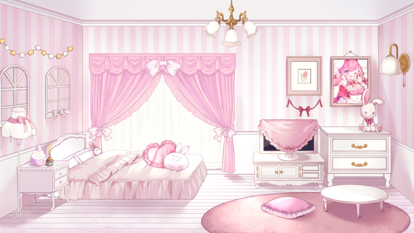 bed bow ceiling_light copyright_request curtains day flat_screen_tv floor_lamp frilled_pillow frills heart heart_pillow indoors pillow rug star_(symbol) striped stuffed_animal stuffed_bunny stuffed_toy sunlight suzuhara_(13yuuno) table television vertical_stripes virtual_youtuber wall_lamp white_bow window wooden_floor