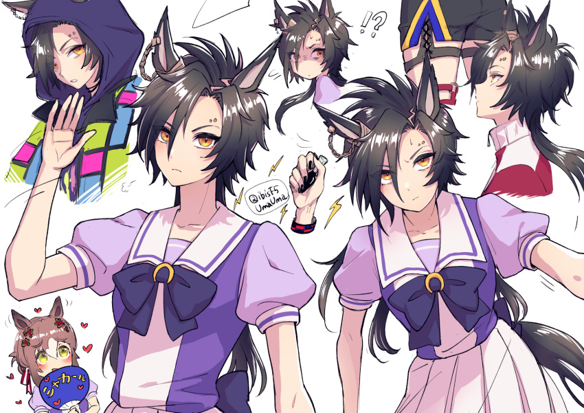 !? 2girls =3 air_shakur_(umamusume) animal_ears arm_up asymmetrical_bangs bangs black_hair black_nails black_shorts bow bowtie breasts clenched_hand closed_mouth eyebrow_piercing fine_motion_(umamusume) hand_fan heart hi_(ibisf5umauma) highres holding holding_fan hood hood_up hoodie horse_ears horse_girl horse_tail jacket lightning_bolt_symbol looking_at_viewer motion_lines multiple_girls multiple_views open_clothes open_jacket paper_fan parted_bangs piercing puffy_short_sleeves puffy_sleeves purple_hoodie purple_shirt red_jacket sailor_collar shaded_face shirt short_sleeves shorts skirt small_breasts solo_focus sweatdrop tail twitter_username uchiwa umamusume white_background white_skirt