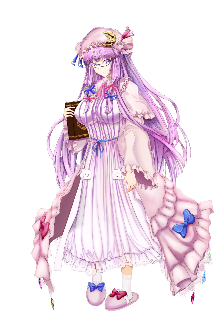 absurdres bangs blue_bow blunt_bangs book bow bowtie bun_cover crescent crescent_hat_ornament double_bun dress glasses hair_bow hair_bun hat hat_bow hat_ornament highres holding holding_book long_hair long_sleeves looking_at_viewer mob_cap patchouli_knowledge pink_bow pink_bowtie purple_dress purple_hair purple_headwear red_bow slippers socks standing striped striped_dress tachi-e tk31 touhou transparent_background vertical-striped_dress vertical_stripes very_long_hair violet_eyes white_socks wide_sleeves