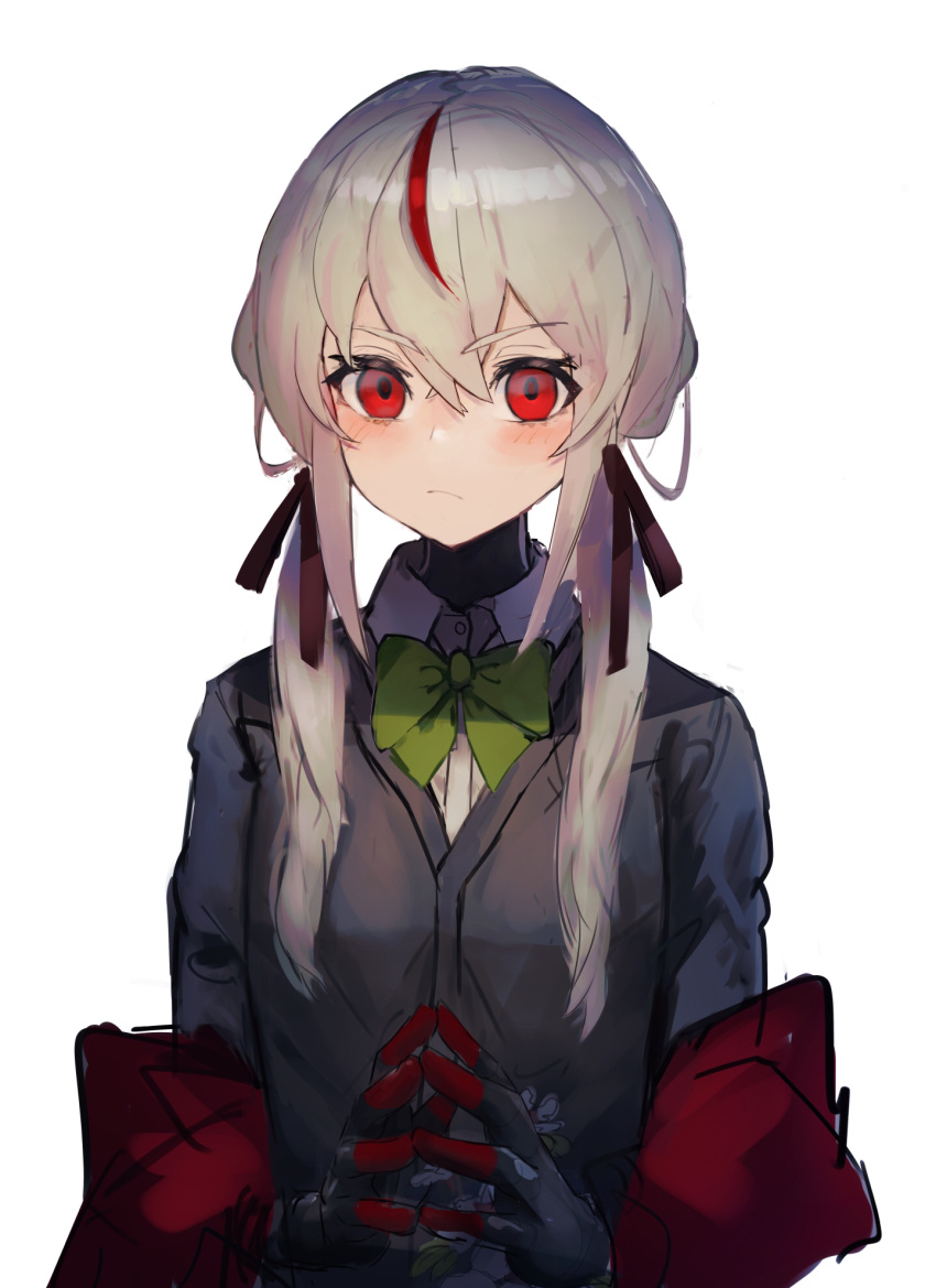 1girl albino blush bow cardigan closed_mouth frown gloves green_bow grey_cardigan highres long_hair low_twintails multicolored_hair original red_eyes redhead shirt sketch solo twintails volvox819 white_hair white_shirt