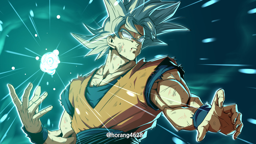 1boy absurdres backlighting battle_damage blood blood_from_mouth blood_on_face blue_wristband collarbone dougi dragon_ball dragon_ball_super dragon_ball_z energy energy_ball fingernails glowing glowing_eyes grey_hair highres horang4628 male_focus muscular muscular_male scratches solo son_goku spiky_hair torn torn_clothes twitter_username ultra_instinct v-shaped_eyebrows white_eyes wristband