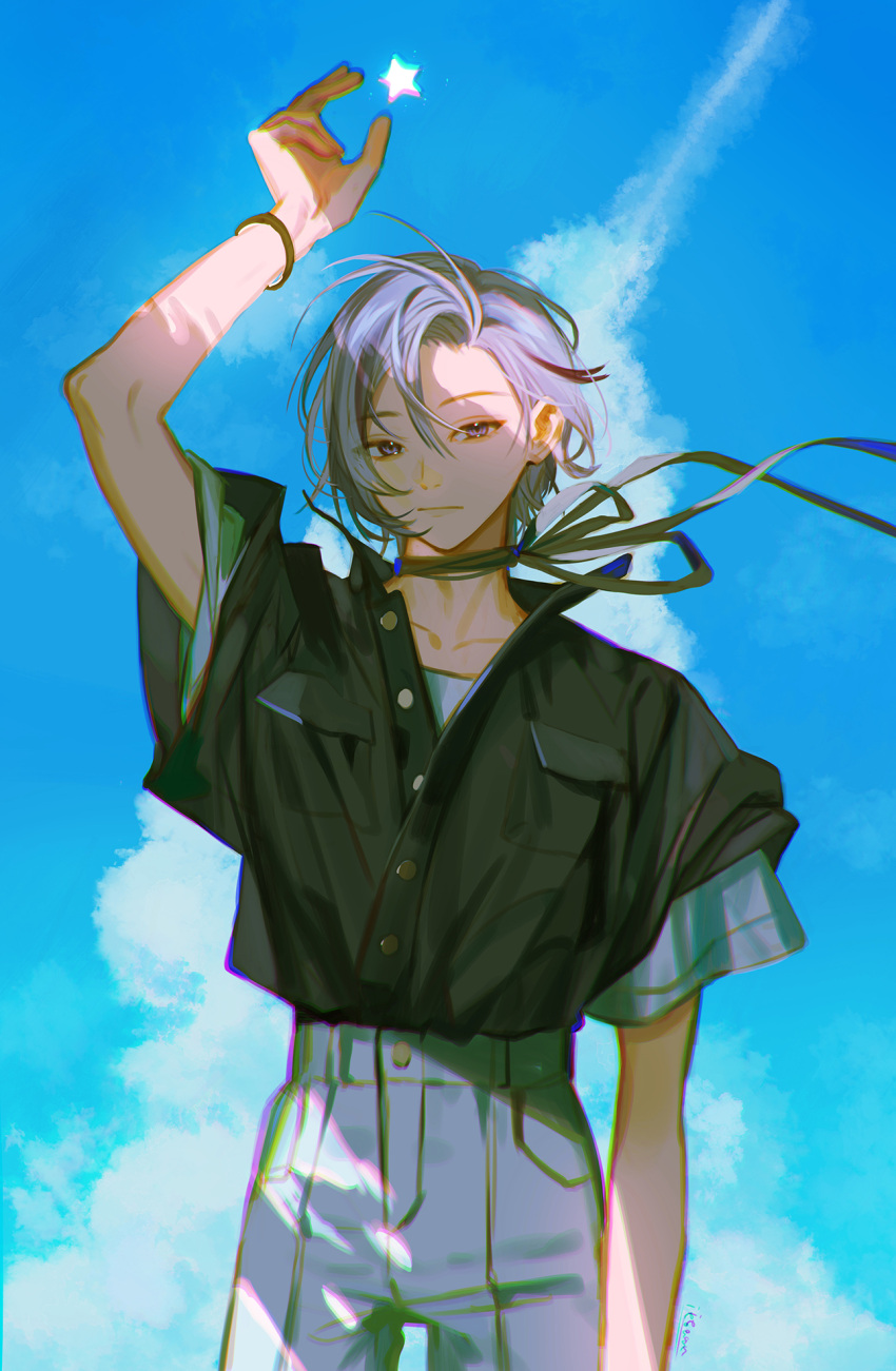 1boy :| arm_up asymmetrical_bangs bangs bishounen black_shirt bracelet breast_pocket buttons character_request chromatic_aberration closed_mouth clouds collarbone copyright_request cumulonimbus_cloud grey_hair grey_pants hair_between_eyes highres jewelry looking_at_viewer male_focus pants pocket shirt shirt_tucked_in short_hair short_sleeves signature sky solo standing star_(symbol) toinana violet_eyes wide_sleeves