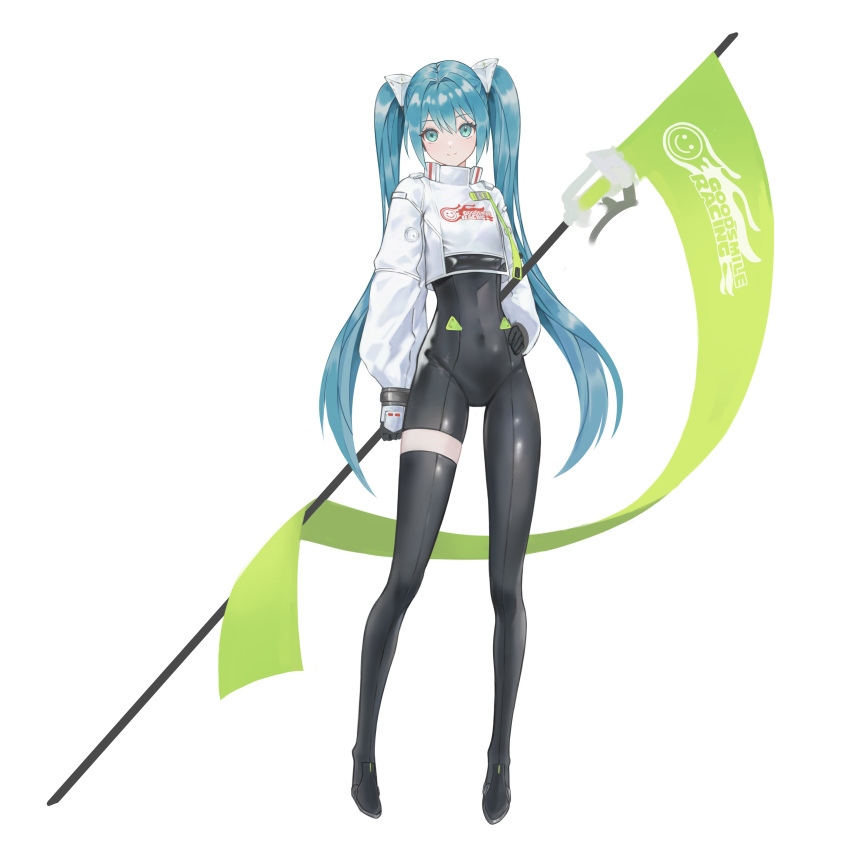 1girl absurdres aqua_eyes aqua_hair asymmetrical_bodysuit bangs black_bodysuit black_gloves bodysuit boots crop_top crop_top_overhang cropped_jacket flag flagpole full_body gloves goodsmile_racing hairpods hand_on_hip hatsune_miku highres holding holding_flag holding_pole jacket leeinhyeon_0402 long_hair looking_at_viewer pole racequeen racing_miku racing_miku_(2022) shiny shiny_clothes single_thigh_boot smile solo standing thigh_boots vocaloid