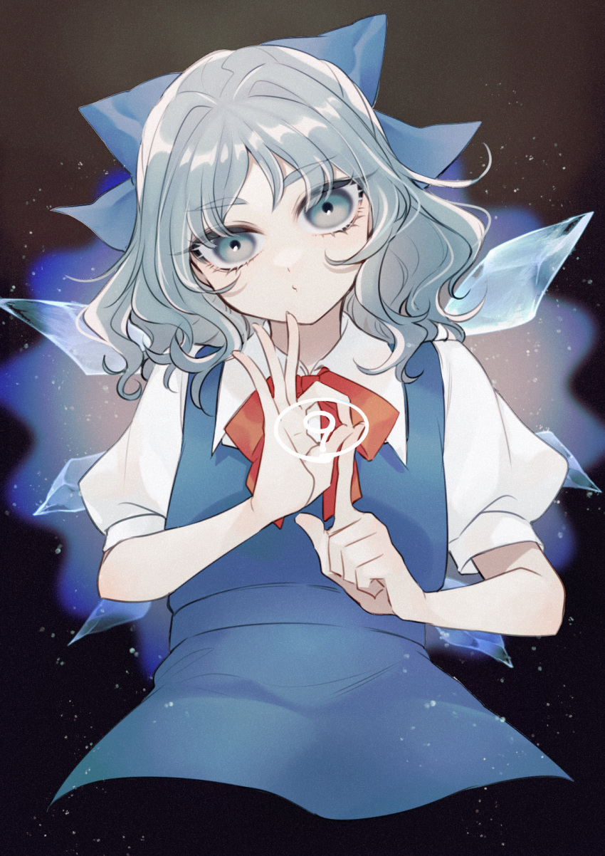 1girl bangs black_background blue_background blue_bow blue_dress blue_eyes blue_hair bow bowtie circled_9 cirno closed_mouth collared_shirt dress eyes_visible_through_hair gradient gradient_background hands_up highres ice ice_wings katai_(nekoneko0720) looking_at_viewer multicolored_background pink_background puffy_short_sleeves puffy_sleeves red_bow red_bowtie shirt short_hair short_sleeves solo touhou wavy_hair white_shirt wings