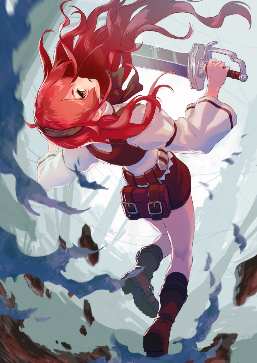 1girl ahoge belt belt_pouch black_hairband boots brown_belt brown_vest debris eris_greyrat full_body hairband highres holding holding_sword holding_weapon jumping long_hair looking_at_viewer looking_back mushoku_tensei open_mouth otsuzaka outdoors pouch red_eyes redhead shirt shorts solo sword vest weapon white_shirt wide_sleeves