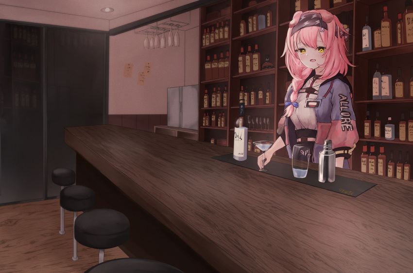 1girl absurdres animal_ears arknights bar bar_stool braid cat_ears cocktail_glass cocktail_shaker commentary_request cup drinking_glass glass goldenglow_(arknights) hairband highres indoors jacket long_hair multicolored_clothes multicolored_jacket open_mouth pink_hair shirt shirt_tucked_in single_braid solo stool two-tone_jacket white_shirt yellow_eyes yoshi-j
