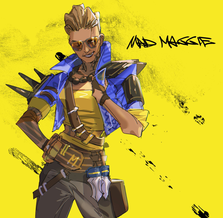 1girl above_the_law_mad_maggie animification apex_legends bead_necklace beads belt black_belt black_lips blonde_hair blue_jacket character_name collarbone grey_pants hair_slicked_back hand_on_hip highres holding holding_clothes holding_jacket jacket jewelry looking_down mad_maggie_(apex_legends) necklace official_alternate_costume pants parted_lips shirt sketch smile solo sunglasses thundergotch yellow_background yellow_shirt