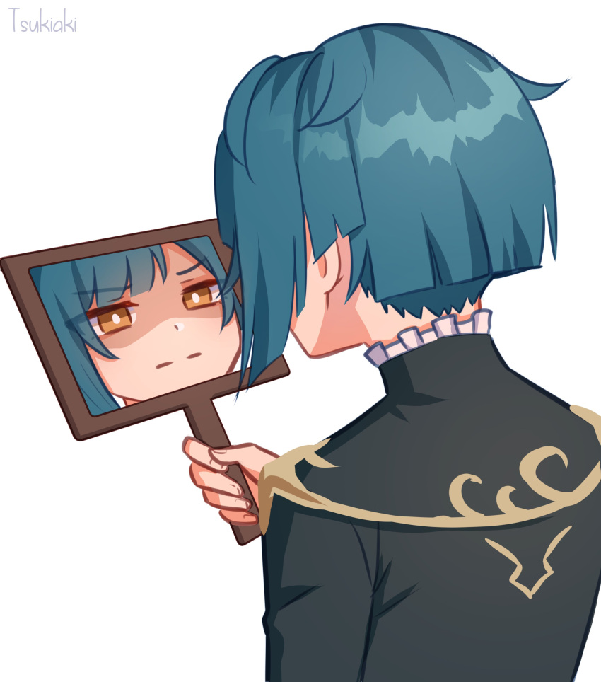1boy :| absurdres artist_name asymmetrical_bangs bangs blue_hair bright_pupils brown_eyes chinese_clothes closed_mouth english_commentary expressionless from_behind genshin_impact highres holding mirror reflection short_hair simple_background tsukiaki_teriyaki white_background white_pupils xingqiu_(genshin_impact)