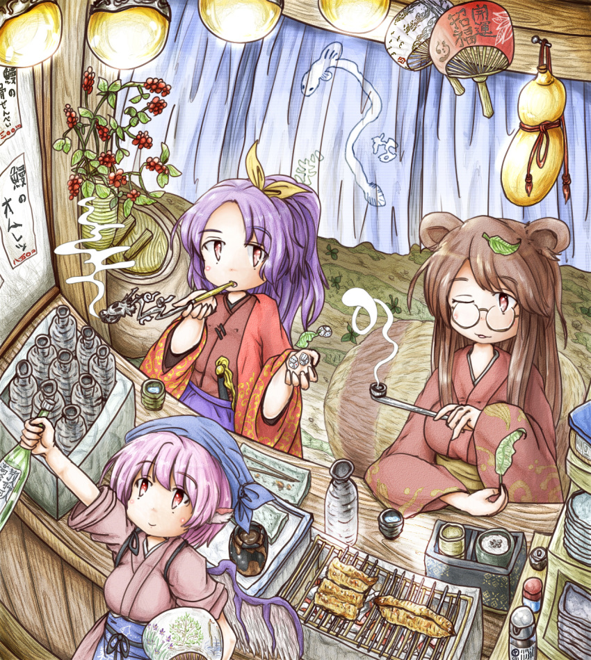 3girls animal_ears bird_ears bird_wings bottle brown_eyes brown_hair brown_kimono closed_mouth dice food food_stand futatsuiwa_mamizou hair_ribbon hand_fan head_scarf highres holding holding_bottle holding_fan holding_smoking_pipe japanese_clothes kimono kiseru komakusa_sannyo leaf leaf_on_head long_hair long_sleeves multiple_girls mystia_lorelei okamisty one_eye_closed open_mouth paper_fan pink_hair ponytail purple_hair purple_skirt raccoon_ears raccoon_tail red_eyes red_kimono ribbon sake_bottle short_hair skirt smile smoking_pipe tail touhou uchiwa white_wings wide_sleeves wings yatai yellow_ribbon ys_(ytoskyoku-57)