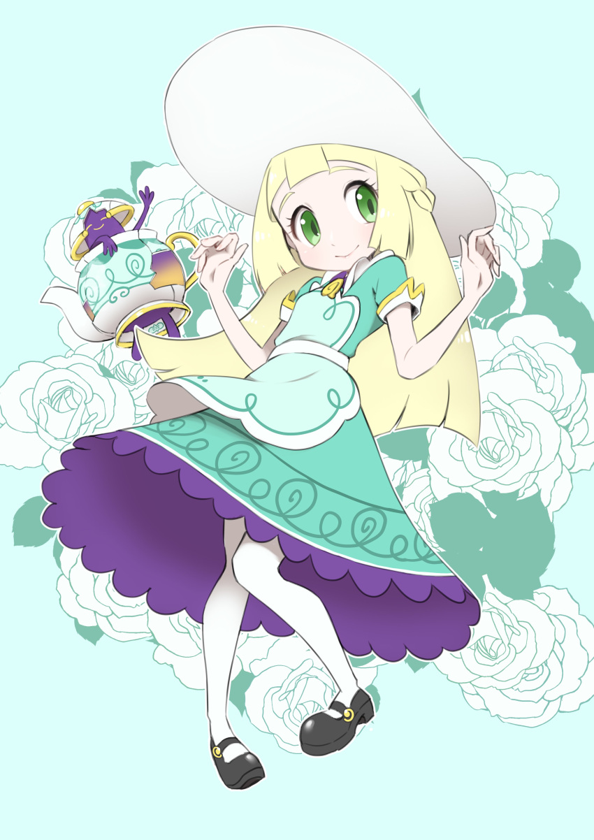 1girl absurdres apron ayakadegozans bangs black_footwear blonde_hair dress floral_background full_body green_dress green_eyes hat highres lillie_(pokemon) looking_to_the_side official_alternate_costume pokemon pokemon_(game) pokemon_masters_ex polteageist solo white_headwear