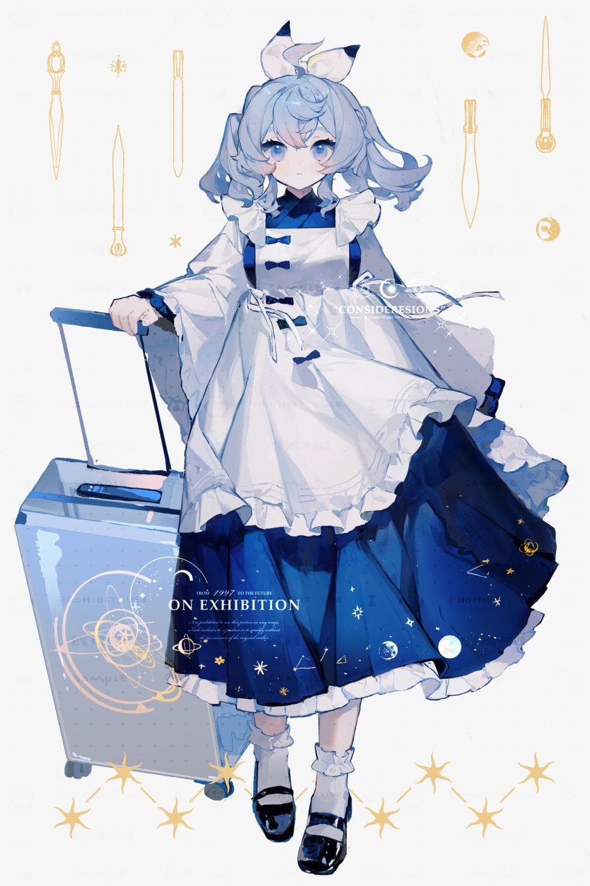 1girl apron black_footwear blue_bow blue_dress blue_eyes blue_hair blue_kimono blue_theme bow commentary_request constellation constellation_print dress frilled_apron frilled_dress frilled_socks frills full_body hair_bow highres holding_luggage japanese_clothes kikihuihui kimono long_sleeves mary_janes medium_hair moon_print original sample_watermark shoes socks solo twintails wa_maid white_apron white_background white_bow white_socks