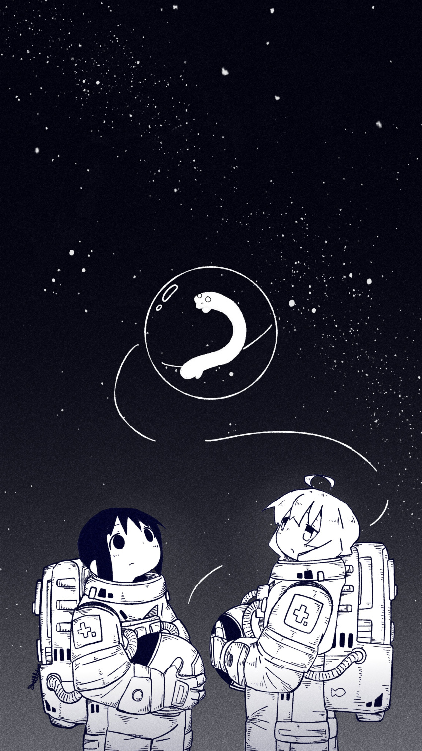 &lt;o&gt;_&lt;o&gt; 2girls absurdres ahoge astronaut backpack bag black_eyes black_hair blonde_hair chito_(shoujo_shuumatsu_ryokou) creature cross fishbowl_helmet headwear_removed helmet helmet_removed highres in_bubble long_hair looking_up low_twintails messy_hair multiple_girls night night_sky nuko_(shoujo_shuumatsu_ryokou) shoujo_shuumatsu_ryokou sky space space_helmet spacesuit star_(sky) starry_sky teru_(teru11061) twintails yuuri_(shoujo_shuumatsu_ryokou)