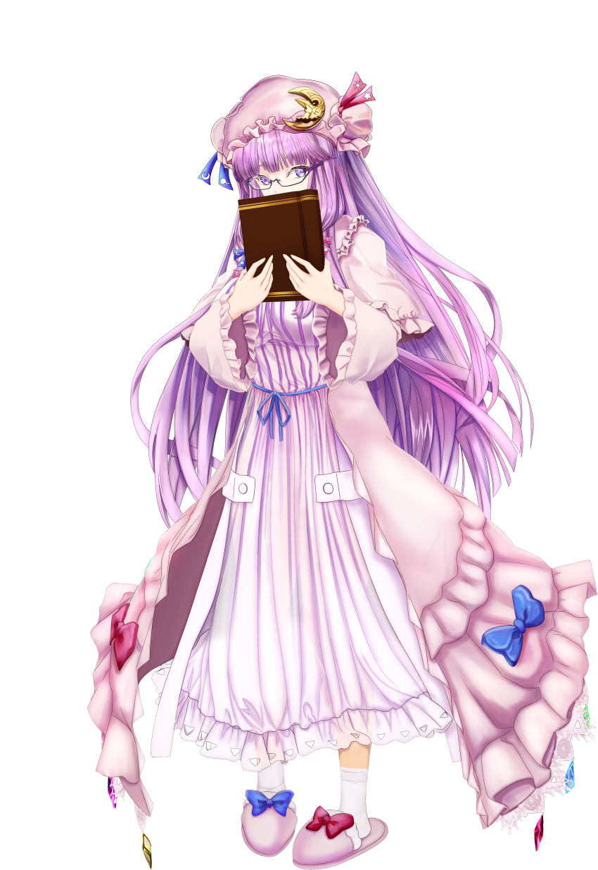 absurdres bangs blue_bow blunt_bangs book book_to_mouth bow bowtie bun_cover crescent crescent_hat_ornament double_bun dress glasses hair_bow hair_bun hat hat_bow hat_ornament highres holding holding_book long_hair long_sleeves looking_at_viewer mob_cap patchouli_knowledge pink_bow pink_bowtie purple_dress purple_hair purple_headwear red_bow slippers socks standing striped striped_dress tachi-e tk31 touhou transparent_background vertical-striped_dress vertical_stripes very_long_hair violet_eyes white_socks wide_sleeves
