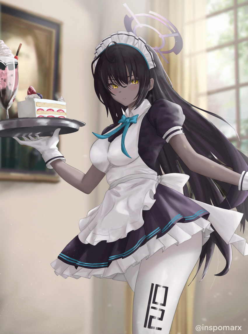 1girl absurdres ahoge apron artist_name bangs black_hair blue_archive blue_ribbon blush breasts cake cake_slice dark-skinned_female dark_skin dessert english_commentary food frilled_apron frills gloves halo highres inspomarx karin_(blue_archive) long_hair looking_at_viewer maid maid_headdress medium_breasts painting_(object) pantyhose parfait puffy_sleeves ribbon solo tray white_gloves white_pantyhose window yellow_eyes