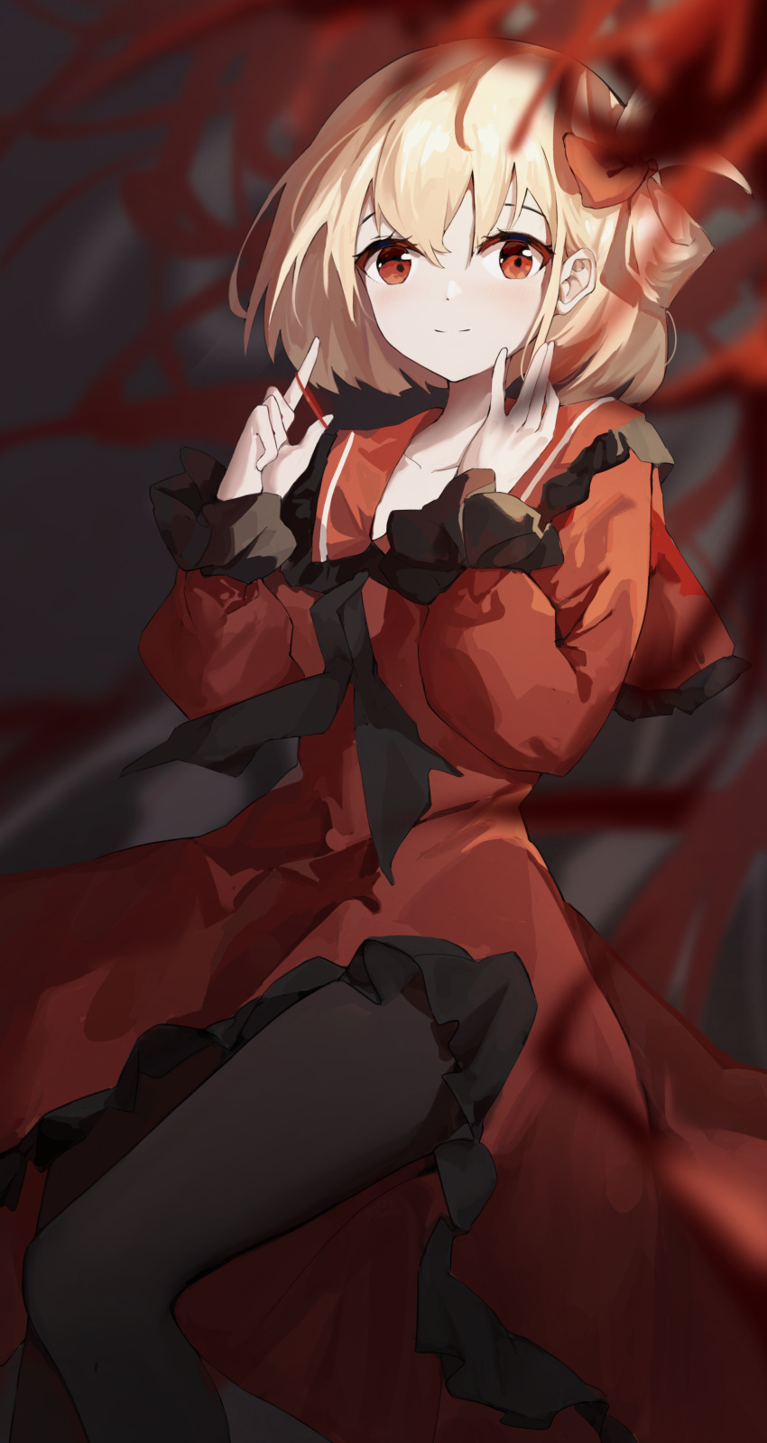 1girl absurdres bangs black_pantyhose blonde_hair blurry blurry_foreground blush brown_background closed_mouth collarbone cuffs dress english_commentary flower hand_on_own_face highres light_smile long_sleeves looking_at_viewer lycoris_recoil nishikigi_chisato pantyhose red_dress red_eyes red_flower sentter short_hair solo standing