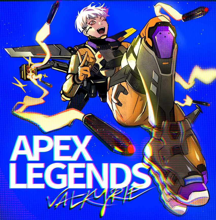 1girl apex_legends armor blue_background bodysuit boots breastplate chromatic_aberration copyright_name firing floating grey_hair highres jetpack kaji_kento looking_at_viewer metal_boots missile missile_pod one_eye_closed open_mouth orange_bodysuit orange_eyes short_hair smile solo thigh_boots valkyrie_(apex_legends)