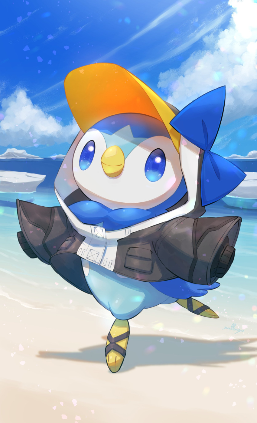 absurdres beach black_jacket blue_bow blue_eyes blue_skin blue_sky bow clouds colored_skin cosplay day fate/grand_order fate_(series) full_body highres hood hood_up jacket meltryllis_(fate) meltryllis_(fate)_(cosplay) nullma ocean outdoors piplup pokemon sky smile solo standing standing_on_one_leg