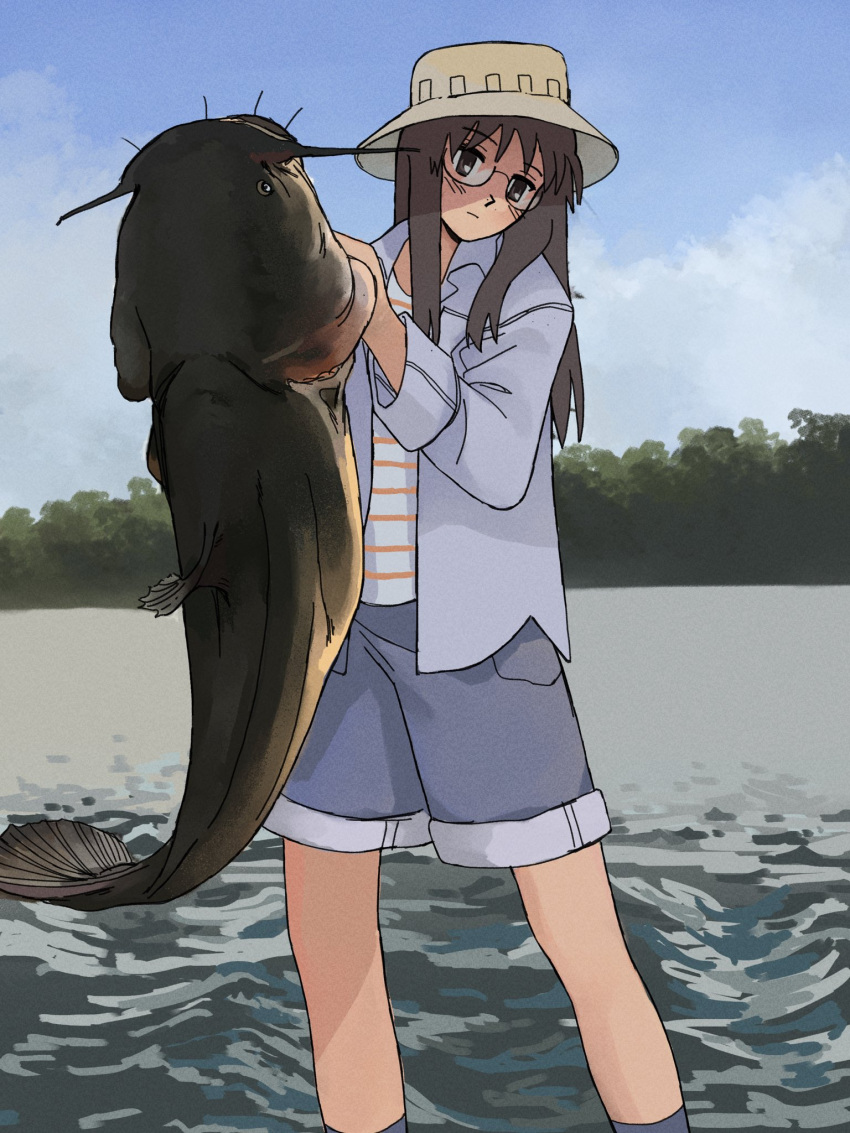 1girl animal blue_jacket blue_shorts brown_eyes brown_hair bucket_hat catfish clouds commentary cordrawroy english_commentary expressionless fish glass hat highres holding holding_animal holding_fish in_water jacket lake long_hair long_sleeves minakami_mai nichijou shirt shorts sidelocks sky solo standing striped striped_shirt tree water yellow_headwear